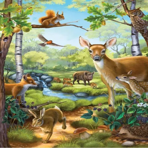 Лесная идиллия с дикими животными у ручья в солнечный день