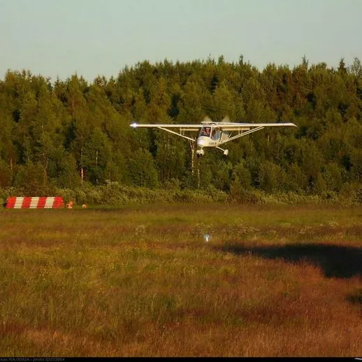 Летающий самолет над зеленым полем в ясный вечерний час возле леса на окраине города