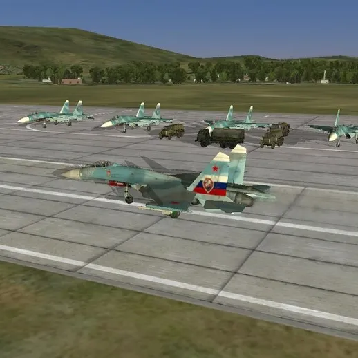 Военная авиация на военной базе в ясный день с летящим самолетом и наземной техникой