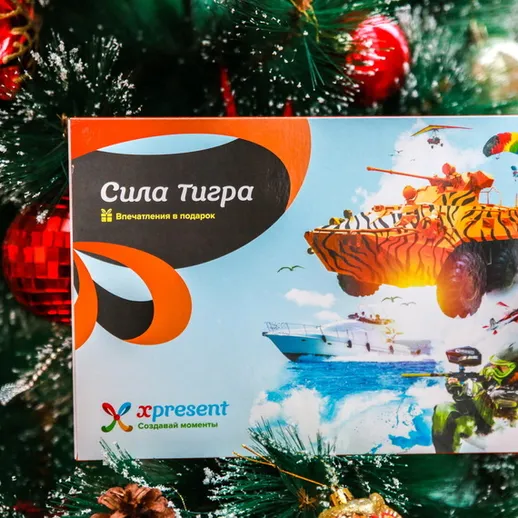 Подарочная коробка с открытым доступом к приключениям на фоне новогодней елки