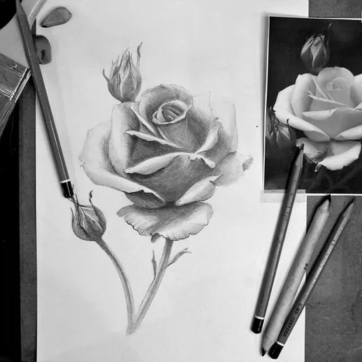 Рисование розы с использованием карандашей и фотографии в черно-белом