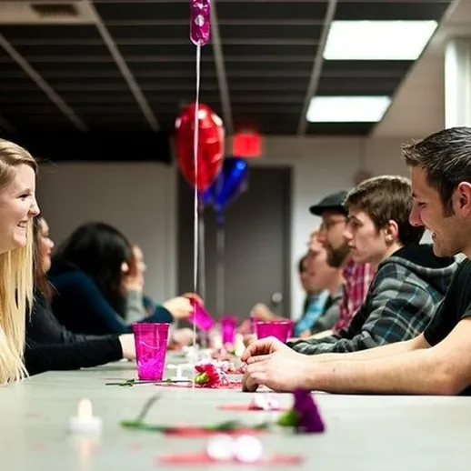 Вечер знакомств в уютном кафе, где молодые люди общаются и наслаждаются дружеской атмосферой