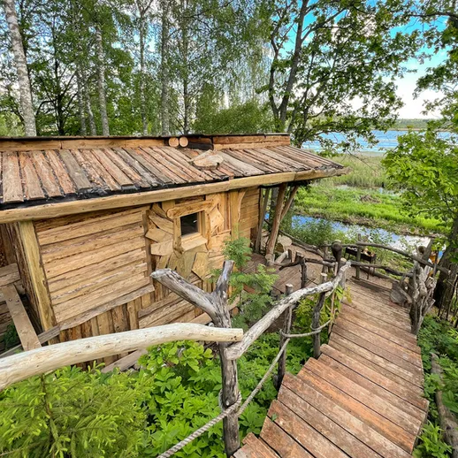 Уютный деревянный домик в лесу у озера, окруженный зеленью и пешеходной дорожкой в хорошую погоду