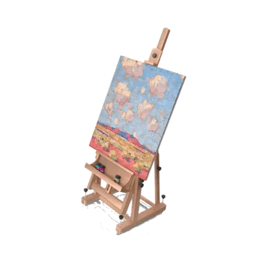 Эпичный пейзаж на мольберте, выставленном в мастерской среди ярких цветов и бескрайних облаков