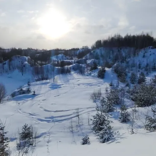 Зимний пейзаж с снегом и деревьями на горизонте в ясный день