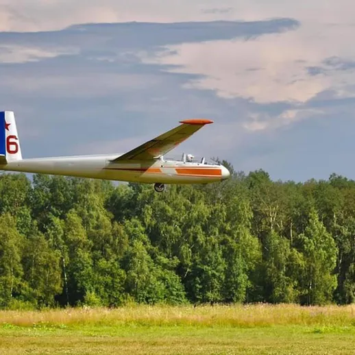 Обучающий самолет в воздухе над живописным лесом на фоне облачного неба в солнечный день