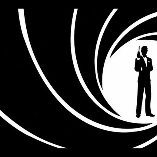 Силуэт агента с оружием на фоне спирального узора в черно-белых тонах с атмосферой напряжения