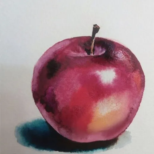 Яркое красное яблоко на белом фоне с тенями, созданное акварелью