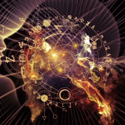 Ин.abstractное изображение, представляющее человеческий разум с элементами мантики и энергии в темном пространстве
