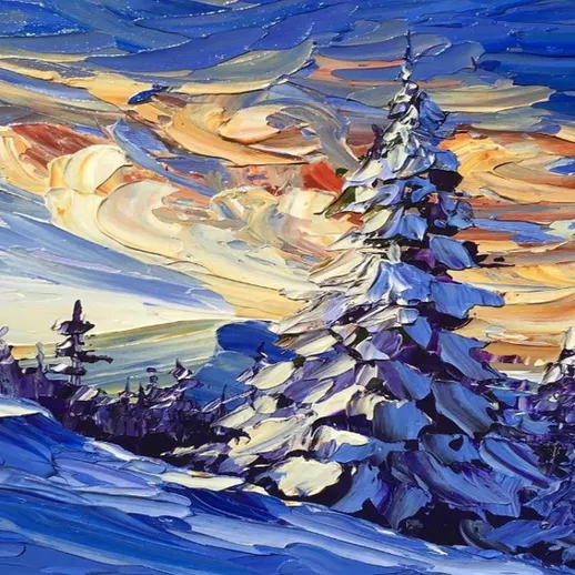 Зимний пейзаж в горах с заснеженными деревьями и ярким закатом на фоне