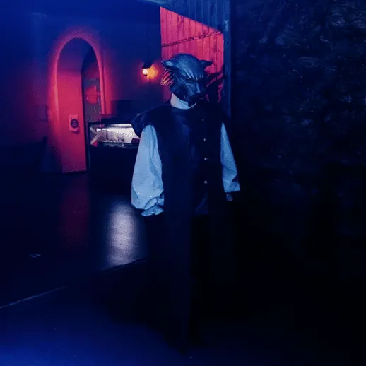 Загадочное существо в маске проходит через затемненный коридор на ночном мероприятии в старинном здании