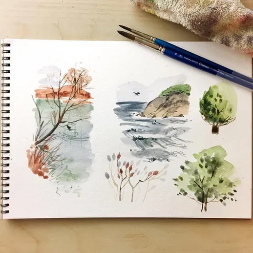 Художественные наброски природы с деревьями, берегом и морем на акварельной бумаге